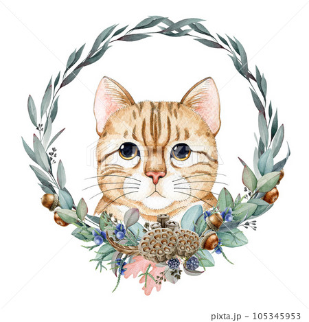 Cute funny cat with winter season floral decor wreath. Watercolor painted illustration. Funny kitty with winter festive decoration floral element. Cute kitty wreath decoration. White background 105345953