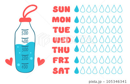 Water tracker template with sport bottle. Drinking water checklist. Vector illustration. 105346341
