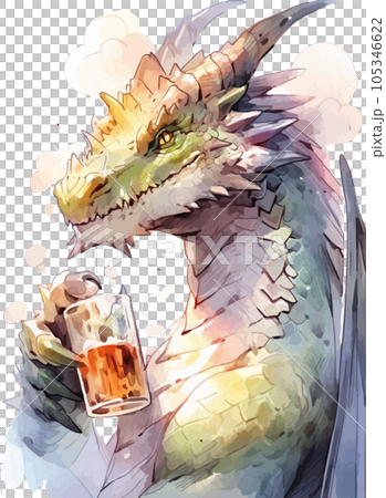 AI-generated image of a sour dragon (Tatsu) drinking alcohol drawn with watercolors 105346622