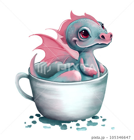 Fantasy cute baby dragon in cup. New Year 2024. Cartoon dragon illustration Fantasy cute baby dragon in cup. New Year 2024. Cartoon dragon illustration 105346647