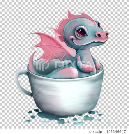 Fantasy cute baby dragon in cup. New Year 2024. Cartoon dragon illustration Fantasy cute baby dragon in cup. New Year 2024. Cartoon dragon illustration 105346647