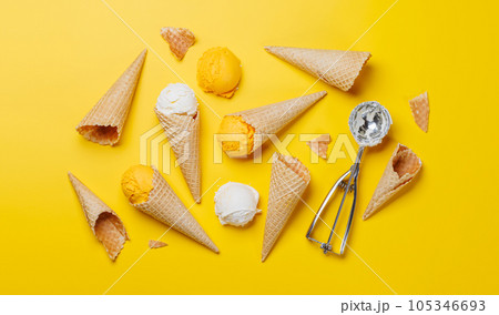 Assorted ice cream flavours in delightful waffle cones Assorted ice cream flavours in delightful waffle cones 105346693