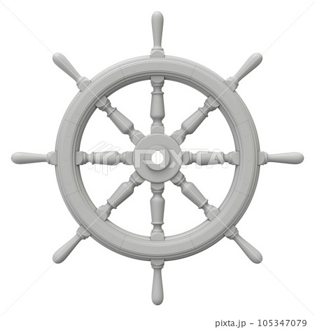 Clay render of ship steering wheel isolated on white background - 3D illustration 105347079