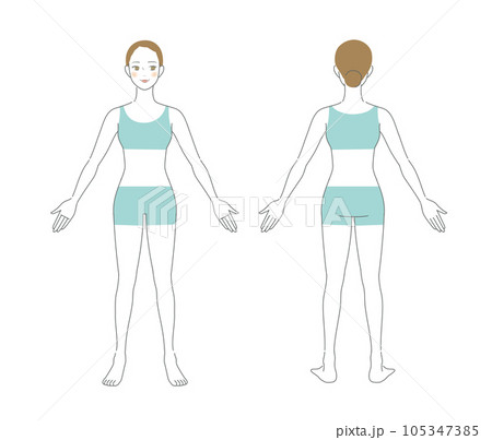 女性の全身の前姿と後ろ姿 105347385
