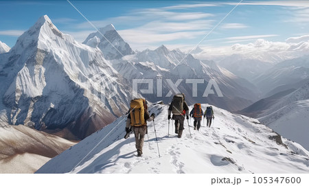 A group of climbers ascending a mountain in winter A group of climbers ascending a mountain in winter 105347600
