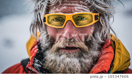 Closeup of handsome man with snow on his beard wearing winter hat into hi mountains. Closeup of handsome man with snow on his beard wearing winter hat into hi mountains. 105347606