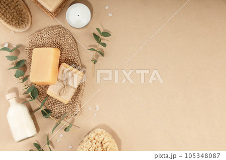 Set of eco friendly body care items, natural washcloths, eucalyptus, brushes, sponges, deodorant, sea salt and handmade natural soap 105348087