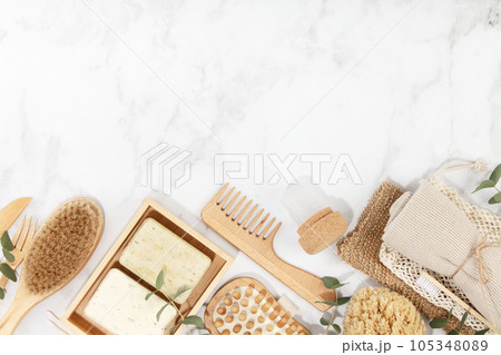 Natural bathroom accessories and handcrafted soap 105348089