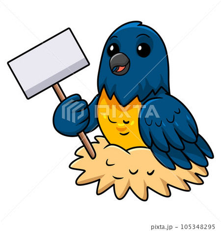 Cute thraupidae black and gold tanager bird cartoon holding blank sign 105348295