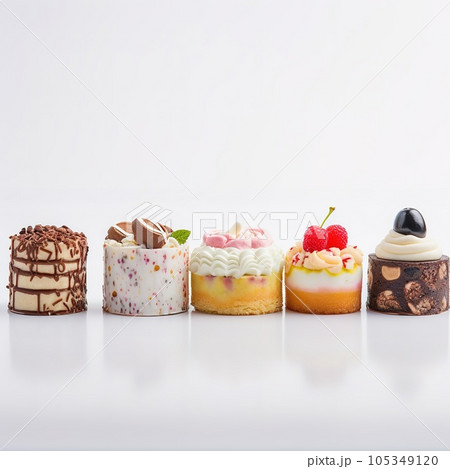 Set of delicious cakes. Small sweet cakes isolated on white background. Bakery products. Banner design Set of delicious cakes. Small sweet cakes isolated on white background. Bakery products. Banner design 105349120