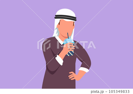 Graphic flat design drawing portrait of Arabian male drinking orange juice from plastic cup with one hand on the waist. Feels thirsty and refreshing in summer season. Cartoon style vector illustration 105349833