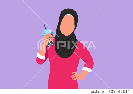 Cartoon flat style drawing Arabian woman looking and holding plastic glass of orange juice with one hand on the waist. Feels thirsty and refreshing in summer season. Graphic design vector illustration 105349834