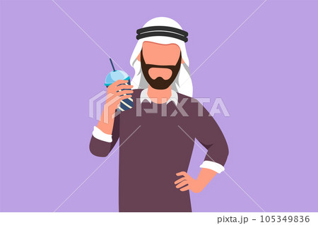 Character flat drawing handsome Arab man looking and holding plastic glass of orange juice with one hand on the waist. Feel thirsty and refreshing in summer season. Cartoon design vector illustration 105349836