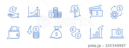 Money cash, coin business doodle icon set. Dollar coin, money profit doodle line sketch business inflation, cash payment. Financial profit, growth icon. Outline editable stroke. Vector Money cash, coin business doodle icon set. Dollar coin, money profit doodle line sketch business inflation, cash payment. Financial profit, growth icon. Outline editable stroke. Vector 105349997