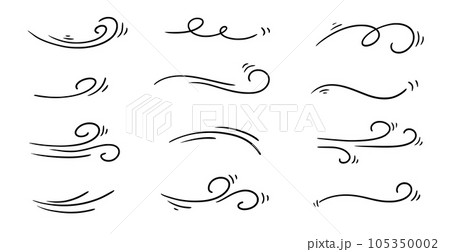 Doodle wind line sketch set. Hand drawn doodle wind motion, air blow, swirl elements. Sketch drawn air blow motion, smoke flow art, abstract line. Isolated vector 105350002
