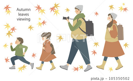 秋 紅葉狩りを楽しむ家族のイラスト素材 ベクター 親子 夫婦 105350502