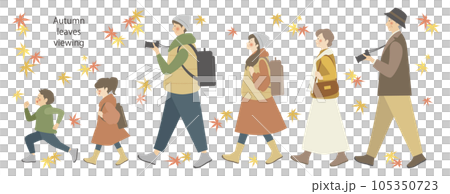 秋 紅葉狩りを楽しむ三世代家族のイラスト素材 ベクター 夫婦 子供 シニア 105350723