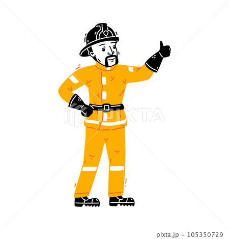 Man Firefighter Character in Helmet and Uniform Show Thumb Up Vector Illustration 105350729