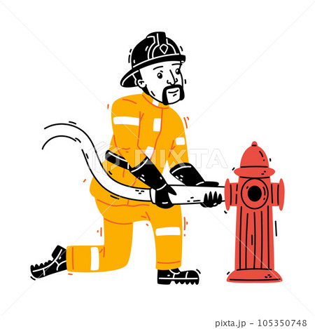 Man Firefighter Character in Helmet and Uniform Join Hose with Water Hydrant Vector Illustration Man Firefighter Character in Helmet and Uniform Join Hose with Water Hydrant Vector Illustration 105350748