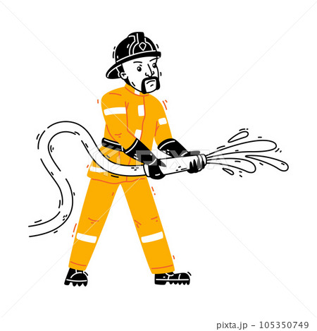 Man Firefighter Character in Helmet and Uniform Stream Water from Hose Vector Illustration Man Firefighter Character in Helmet and Uniform Stream Water from Hose Vector Illustration 105350749