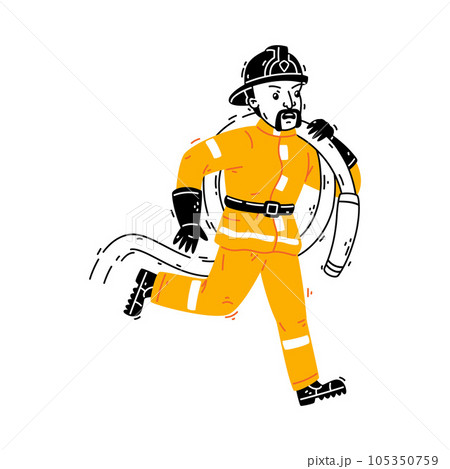 Man Firefighter Character in Helmet and Uniform Running with Hose Vector Illustration Man Firefighter Character in Helmet and Uniform Running with Hose Vector Illustration 105350759
