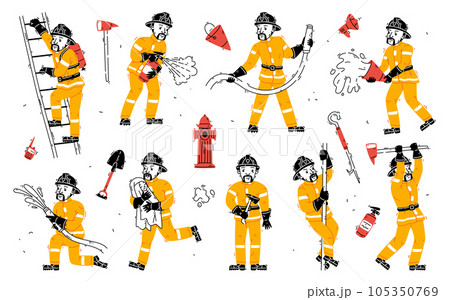 Man Firefighter Character in Helmet and Uniform Working Vector Set Man Firefighter Character in Helmet and Uniform Working Vector Set 105350769