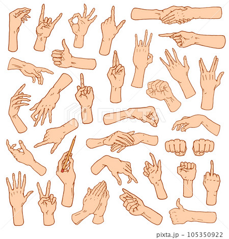 Gestures arms stop, palm, thumbs up, finger pointer, ok, like and pray or handshake, fist and peace 105350922