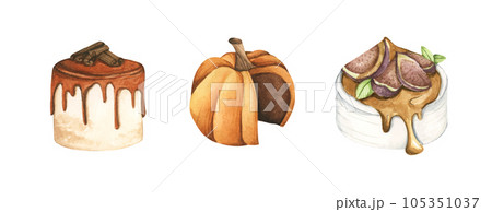 Watercolor illustration of a variety of holiday (Thanksgiving and Christmas) dessert. Holiday menu design elements. Isolated on white background. Watercolor illustration of a variety of holiday (Thanksgiving and Christmas) dessert. Holiday menu design elements. Isolated on white background. 105351037