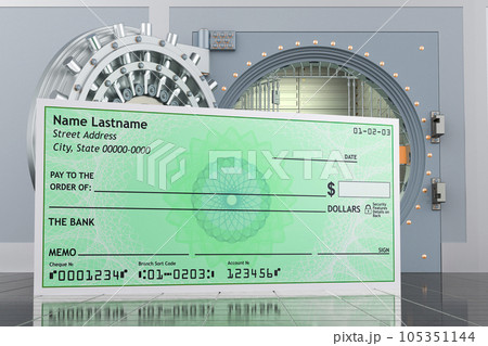 Blank bank check with opened bank vault, 3D rendering Blank bank check with opened bank vault, 3D rendering 105351144