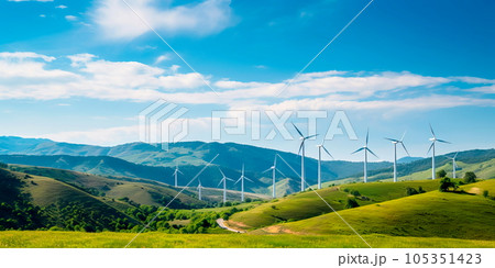 Wind turbines against a backdrop of rolling hills, harnessing the power of wind for green energy generation. Generative Ai 105351423