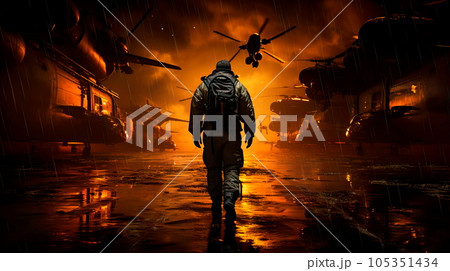 pilot walking along the runway lighting in the background of a multi-fighter Generative AI 105351434