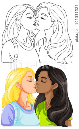 Lesbian couple kissing cartoon isolated 105351523