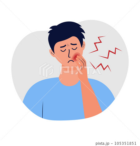 Man holding his cheek and suffering from toothache. Concept of caries, severe pain in the teeth, oral treatment, dental problem. 105351851