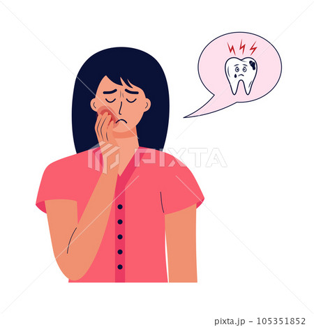 Unhappy woman holding her cheek and suffering from toothache. Cute cartoon tooth with caries in speech bubble. Concept of oral treatment, dental problem. 105351852