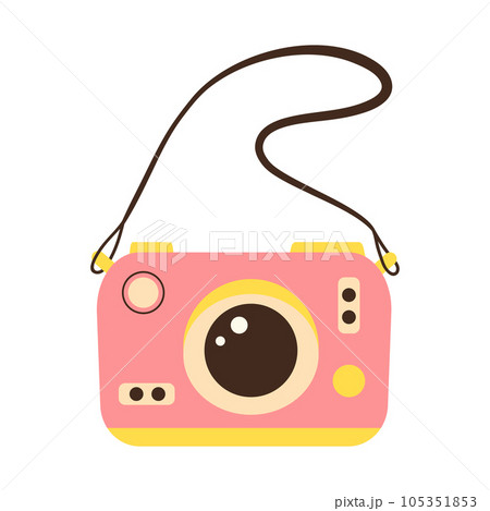 Cute pink photo camera with strap. Modern digital device with lens in vintage style. 105351853