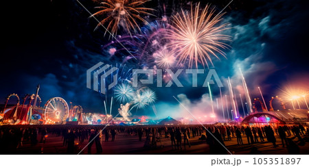 stunning display of fireworks lighting up the night sky above the Oktoberfest grounds, captivating the audience. Generative AI 105351897