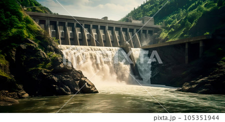 hydroelectric dam generating green energy from flowing water, with a cascading waterfall in the background. Generative Ai 105351944