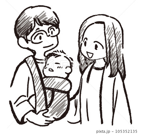 赤ちゃんを見つめる親子の手描き風イラスト 105352135