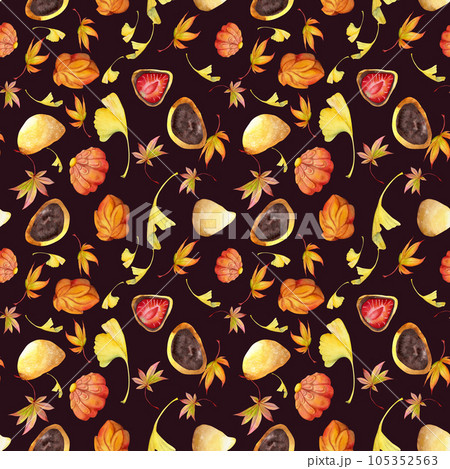 Watercolor seamless pattern with hand drawn traditional Japanese sweets. Wagashi, mochi, autumn maple leaves. Isolated on color background. Invitations, restaurant menu, greeting cards, print, textile 105352563