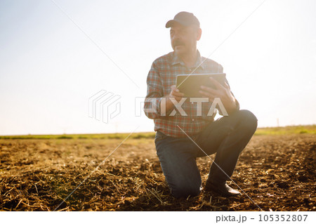 Male hands touching soil on the field. Expert hand of farmer checking soil health. Ecology concept. Male hands touching soil on the field. Expert hand of farmer checking soil health. Ecology concept. 105352807