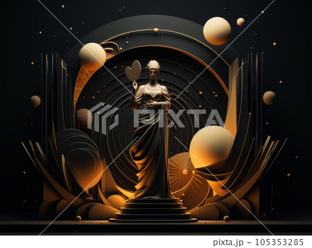 Golden 3D Statue of woman on pedestal in antique dress on black background, geometric art deco style, modern art AI 105353285