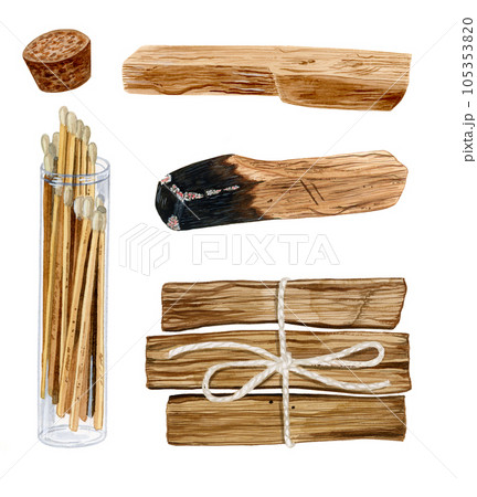 A set of an opened glass bulb with matches, new Palo Santo stick, burnt Palo Santo stick and a bunch of three new Palo Santo sticks 105353820