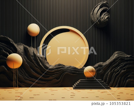 Futuristic mountains and lake in black and golden colors, abstract geometric natural landscape scene. 3D visualization AI 105353821
