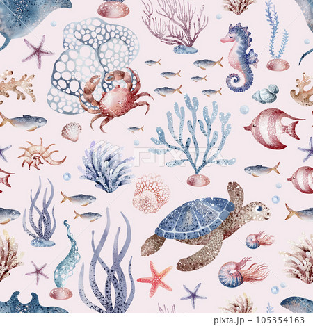 Marine seamless pattern marine animals, corals, plants, seashell, starfish, octopus, seahorse, algae, turtle. Watercolor marine background. Marine seamless pattern marine animals, corals, plants, seashell, starfish, octopus, seahorse, algae, turtle. Watercolor marine background. 105354163