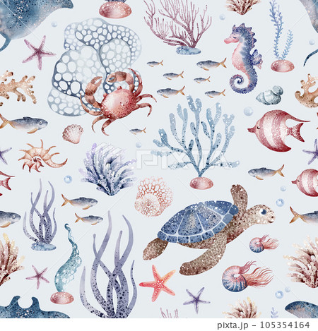 Marine seamless pattern marine animals, corals, plants, seashell, starfish, octopus, seahorse, algae, turtle. Watercolor marine background. 105354164