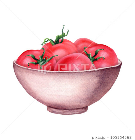 Ceramic bowl with tomatoes. Hand drawn watercolor illustration isolated on white background for clip art, menu, label, package 105354368