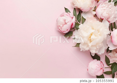 Tender peonies on pink background with copy space. Abstract natural floral frame layout with text space. Romantic feminine composition. Wedding invitation. International Women day, Mother Day concept Tender peonies on pink background with copy space. Abstract natural floral frame layout with text space. Romantic feminine composition. Wedding invitation. International Women day, Mother Day concept 105355991