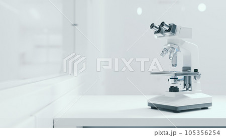 Microscope chemistry. pharmaceutical instrument. microbiology magnifying tool and symbol of chemical science exploration. Space for banner and logo. Science and Technology background, 3D Render. Microscope chemistry. pharmaceutical instrument. microbiology magnifying tool and symbol of chemical science exploration. Space for banner and logo. Science and Technology background, 3D Render. 105356254