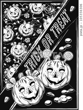 Halloween veritcal a4 poster with pumkin heads like happy kids, traditional sweets, text Trick or Treat. Diagonal composition. Vintage style. Halloween veritcal a4 poster with pumkin heads like happy kids, traditional sweets, text Trick or Treat. Diagonal composition. Vintage style. 105356306