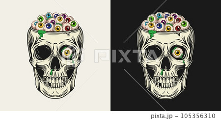 Human skull without top like cup full of colorful eyeballs. Crazy mad skull with single red eye and flowing green goo, mucus. Halloween illustration in vintage style. 105356310